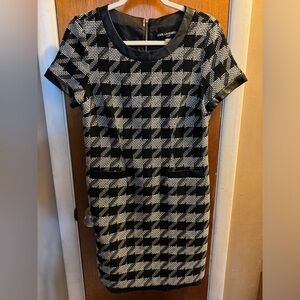 Karl Lagerfeld houndstooth cotton tweed leather trim dress size 10